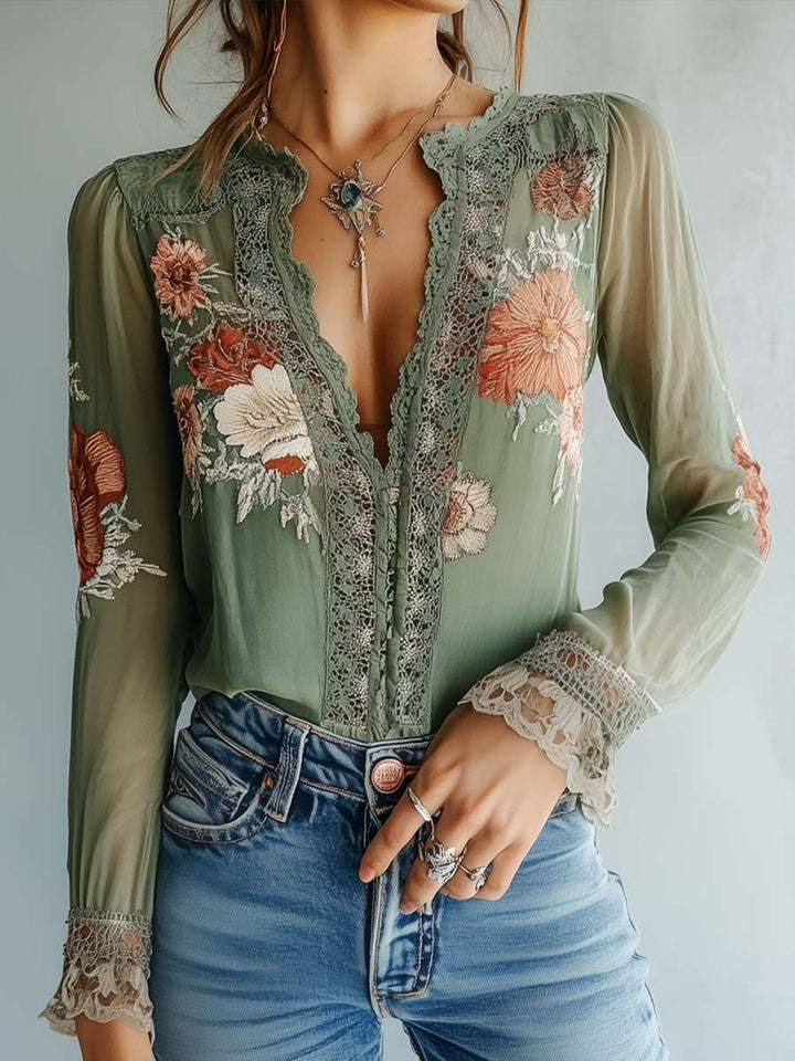 Boho Bluse Mit Spitze Und Blumenmuster