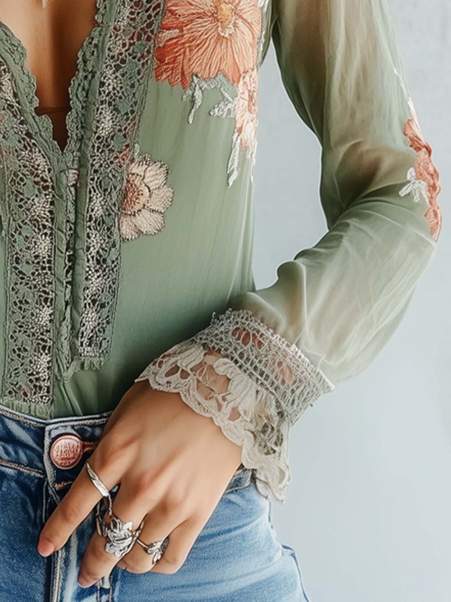 Boho Bluse Mit Spitze Und Blumenmuster