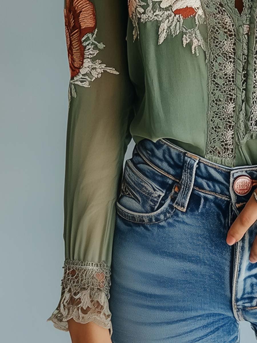 Boho Bluse Mit Spitze Und Blumenmuster