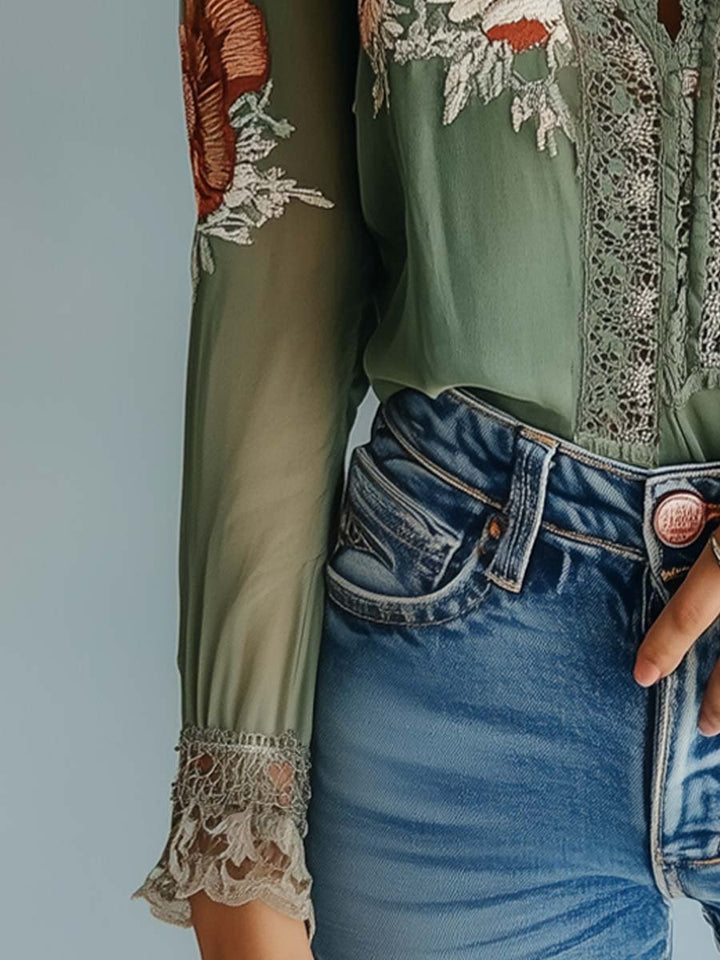 Boho Bluse Mit Spitze Und Blumenmuster