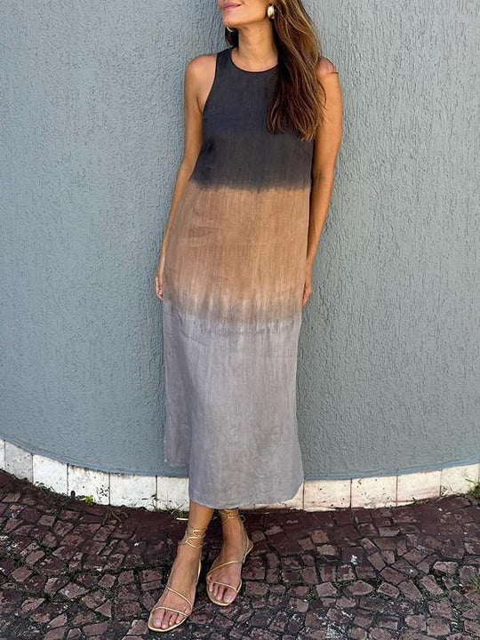 Luftiges Leinenkleid Aus Baumwolle mit Farbverlauf und Schlitz Am Bein