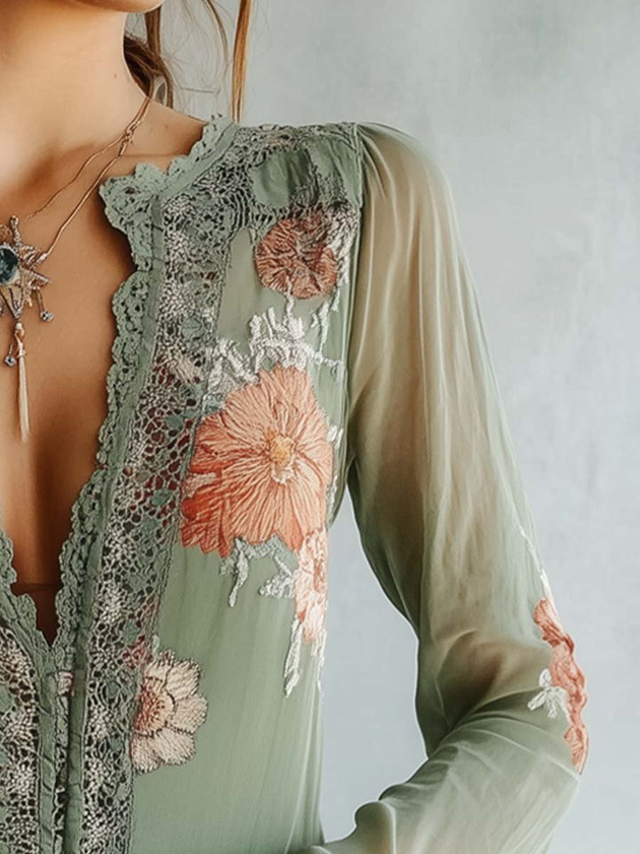 Boho Bluse Mit Spitze Und Blumenmuster