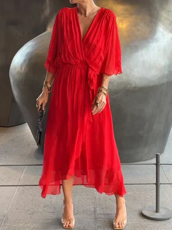 Nord Taschen | Grünes Chiffonkleid mit V-Ausschnitt