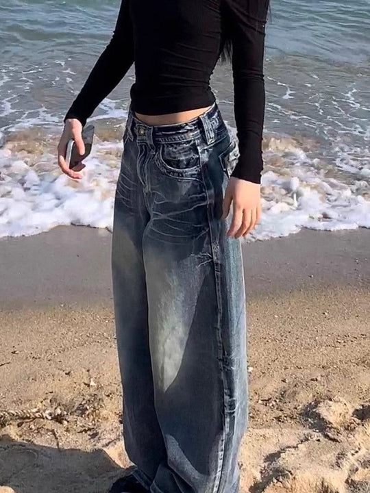 Hop Gewaschene Distressed Hoher Taille Baggy Jeans - Vittorelli