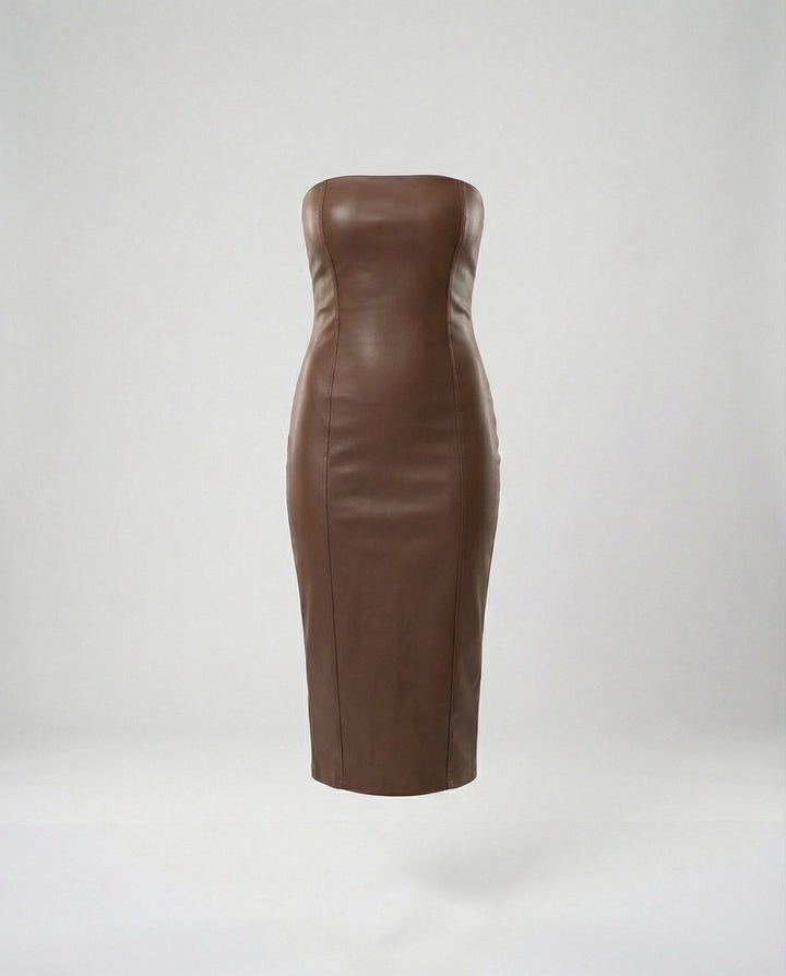 Damen Midikleid trägerlos Lederoptik