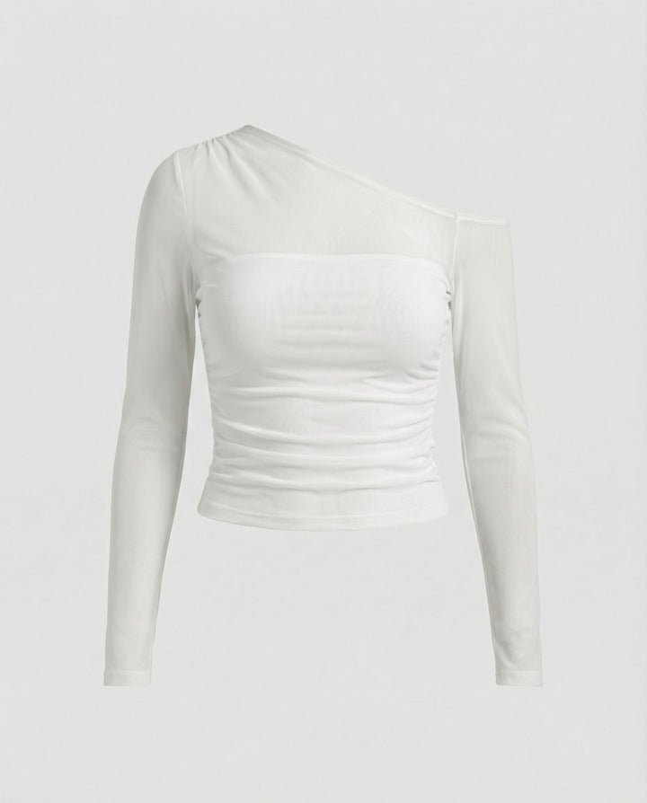 Damen Elegantes asymmetrisches Oberteil mit schulterfreiem Design und Raffung