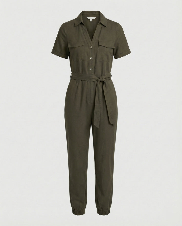 Damen lässiger Jumpsuit mit tailliertem Schnitt und durchgehender Knopfleiste