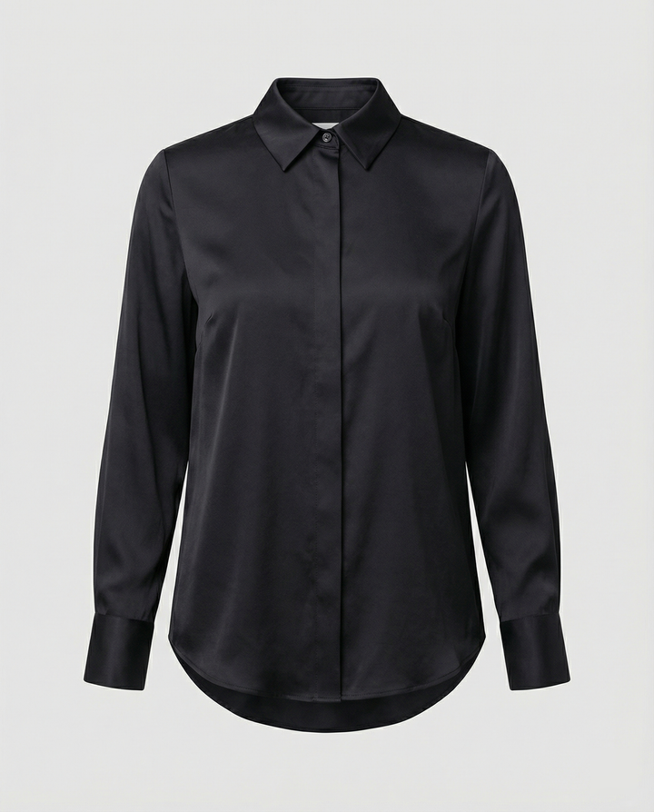 Damen elegante Satinbluse mit klassischem Kragen und zeitlosem Schnitt
