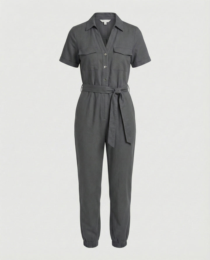 Damen lässiger Jumpsuit mit tailliertem Schnitt und durchgehender Knopfleiste