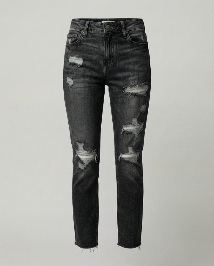 Damen Slim Fit Jeans mit Destroyed Details im Used-Look
