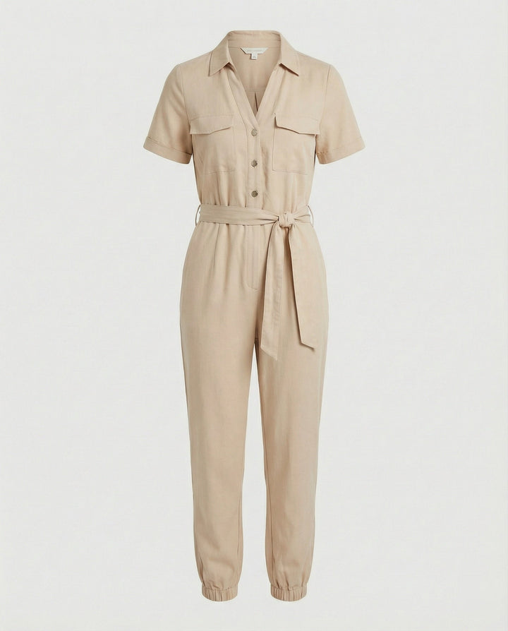 Damen lässiger Jumpsuit mit tailliertem Schnitt und durchgehender Knopfleiste