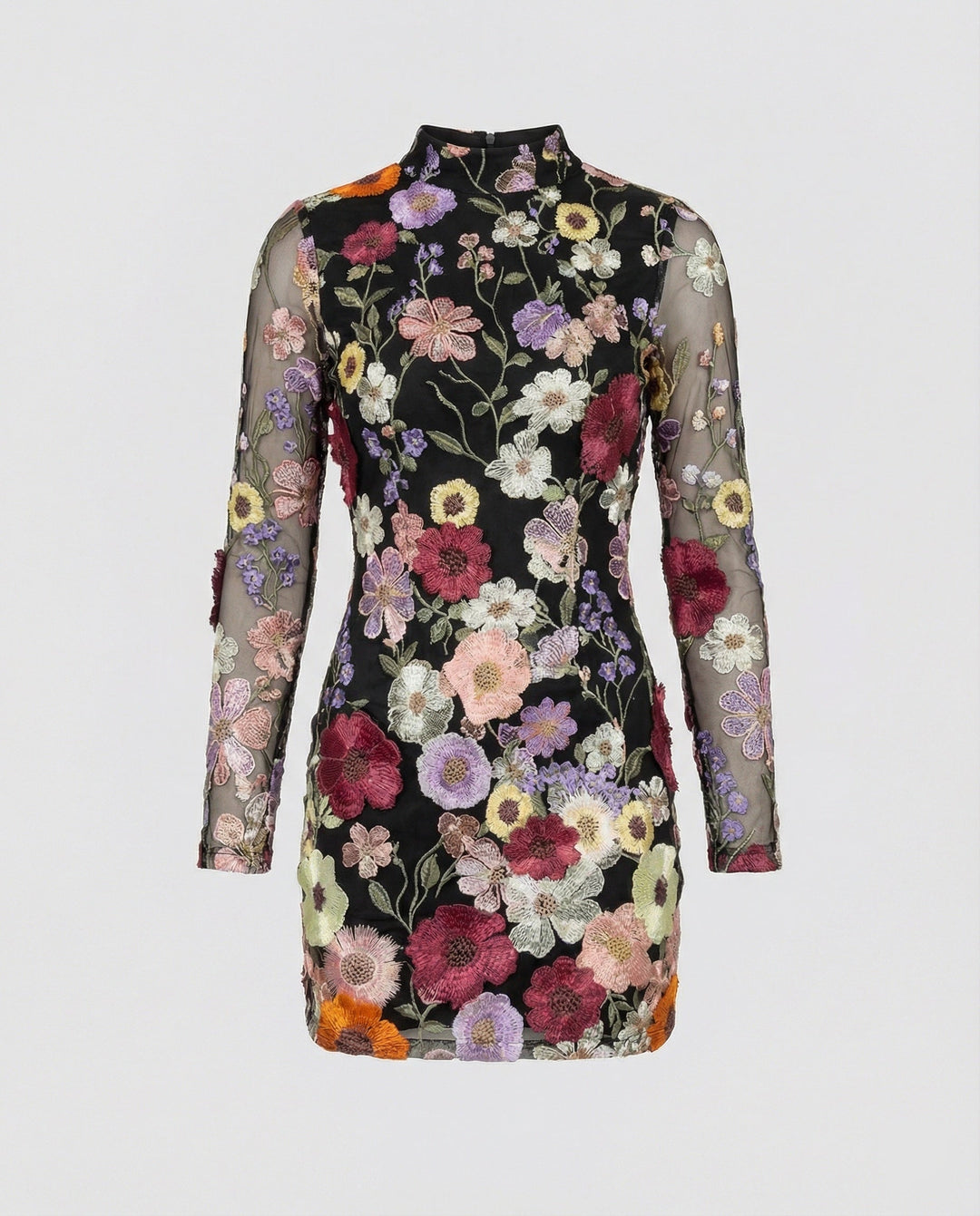 Minikleid mit floralen Applikationen und durchscheinender Optik