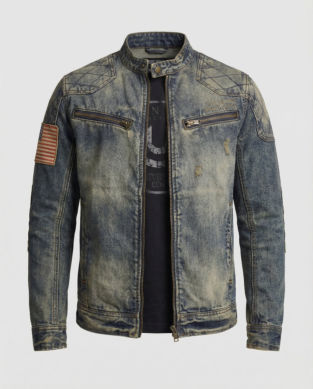 Herren Jeansjacke Biker Stil Stehkragen