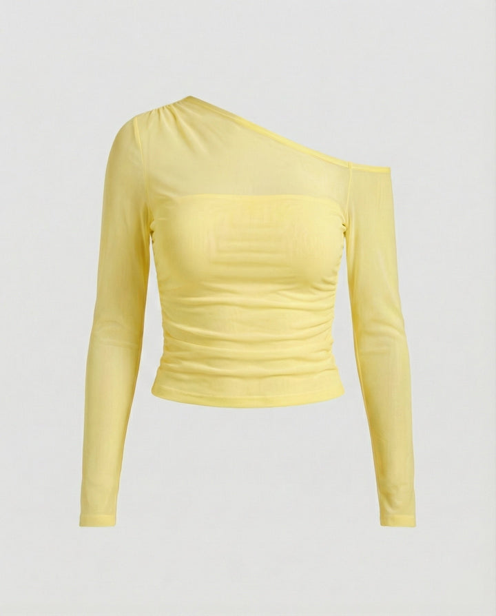 Damen Elegantes asymmetrisches Oberteil mit schulterfreiem Design und Raffung