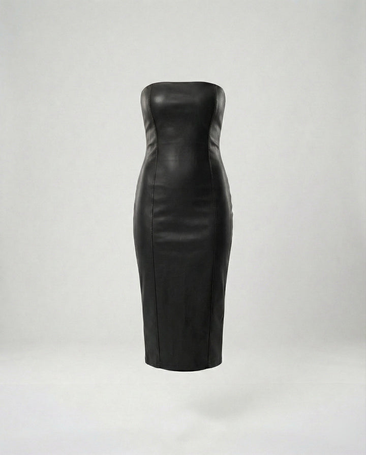 Damen Midikleid trägerlos Lederoptik