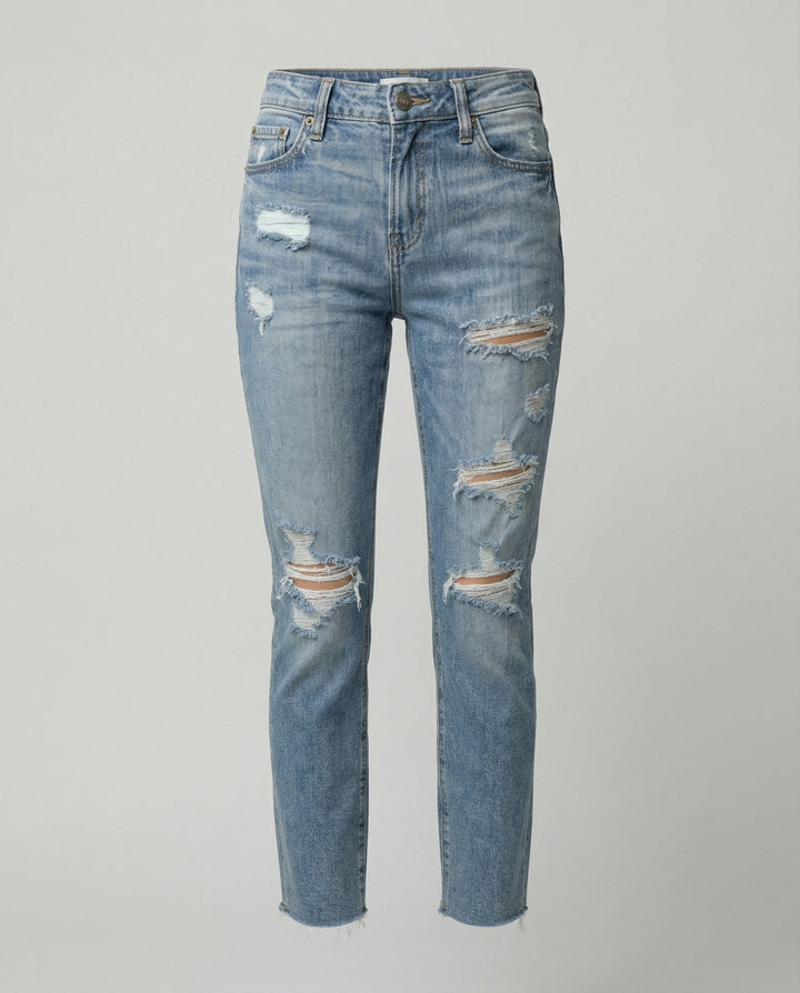 Damen Slim Fit Jeans mit Destroyed Details im Used-Look