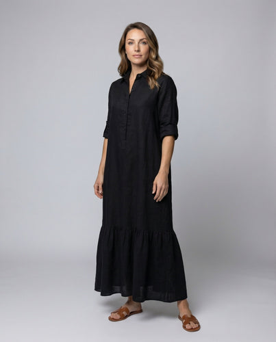 Damen Lockere Leinenoptik Leinenoptik Hemdblusen-Maxiswingkleid