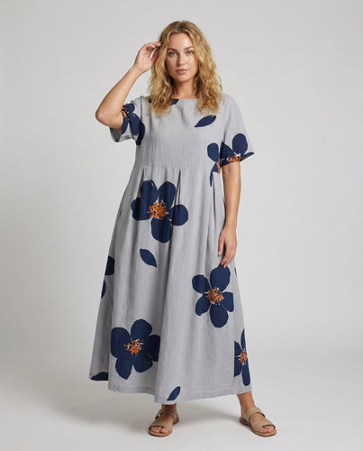 Damen Lockere Blumenprint Leinenmix Traumkleid
