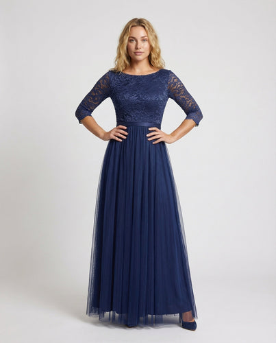 Damen Tüll-Abendkleid Spitzenoberteil Plissee-Rock