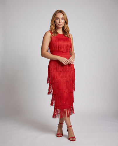Damen Fransen-Midikleid Stufig Beinschlitz Figurbetont - Vittorelli