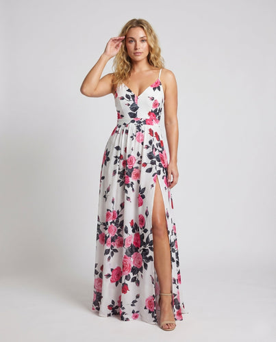 Damen Maxikleid Rosenprint Beinschlitz Spaghettiträger Tailliert