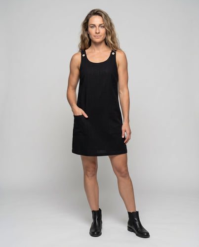 Damen Ärmelloses Leinenkleid Knopfträger Seitentaschen Lässig
