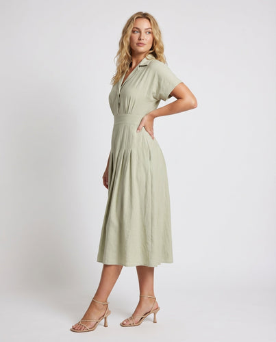Damen Midikleid Reverskragen Kellerfalten Eingrifftaschen Leinenoptik
