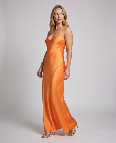 Damen Satin-Maxikleid mit verführerischem V-Ausschnitt und schmalen Spaghettiträgern