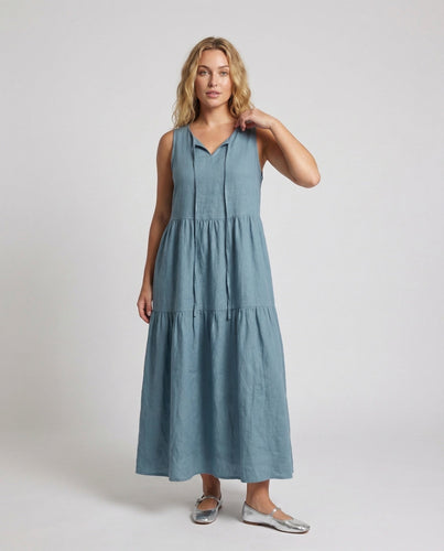 Damen Leinenoptik Stufenkleid mit V-Ausschnitt