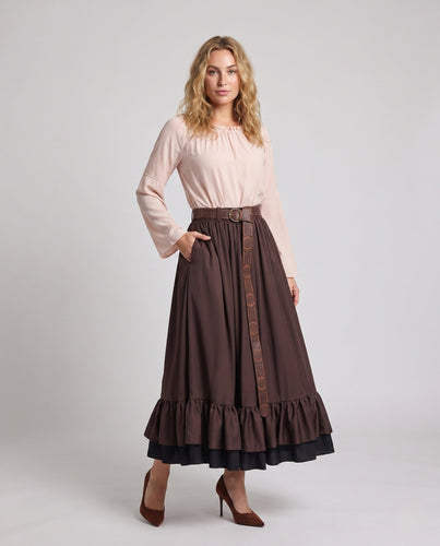 Damen Stylisches Langarmkleid mit Rüschen und Gürtel Nord Taschen