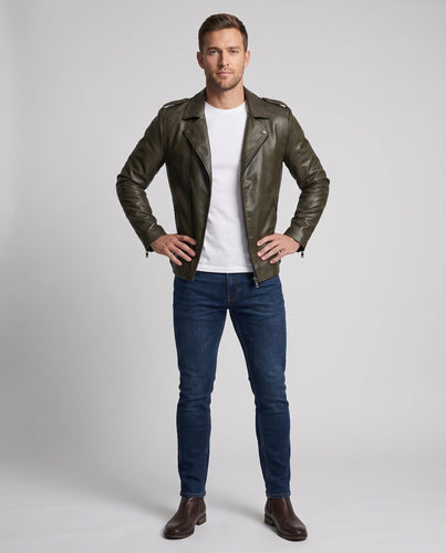 Herren Kunstleder Motorradjacke Slim Fit mit Schulterklappen und dekorativen Reißverschlüssen Nord Taschen