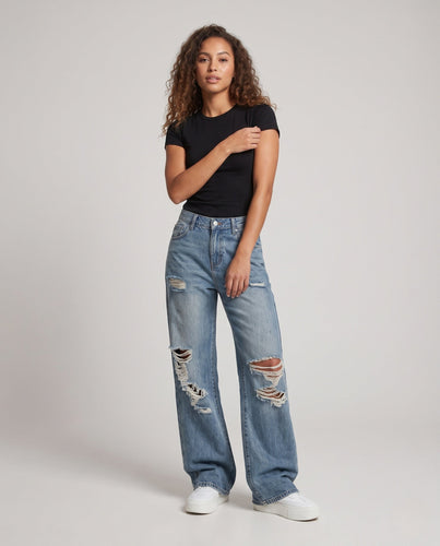 Damen High-Waisted Baggy Jeans im Destroyed Look mit weitem Bein Nord Taschen