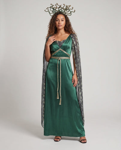 Damen Kostüm im Medusa-Stil mit schimmerndem Satin und transparenten Ärmeln Nord Taschen