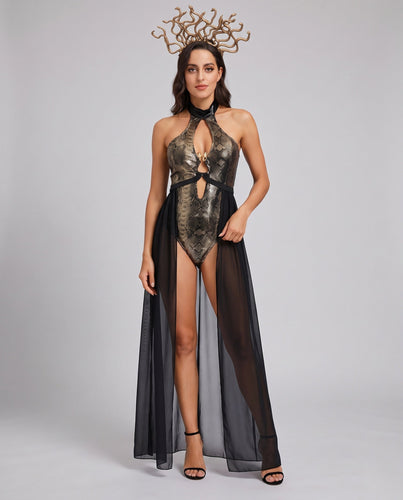 Frauen verführerisches Lederkleid mit fließendem Tüll und Statement-Kragen Nord Taschen