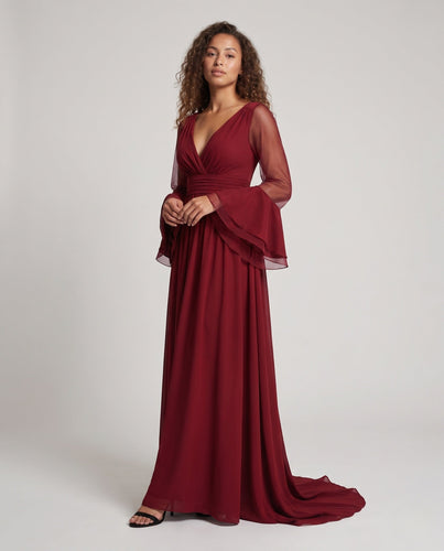 Damen Elegantes Maxikleid mit transparenten Ärmel und V-Ausschnitt Nord Taschen