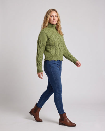 Damen Grobgestrickter Rollkragenpullover mit Zopfmuster und kastiger Silhouette Nord Taschen