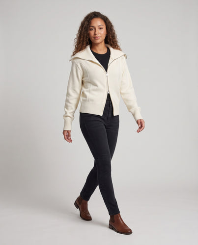 Damen Gerippter Reißverschluss-Cardigan mit weitem Umlegekragen Nord Taschen