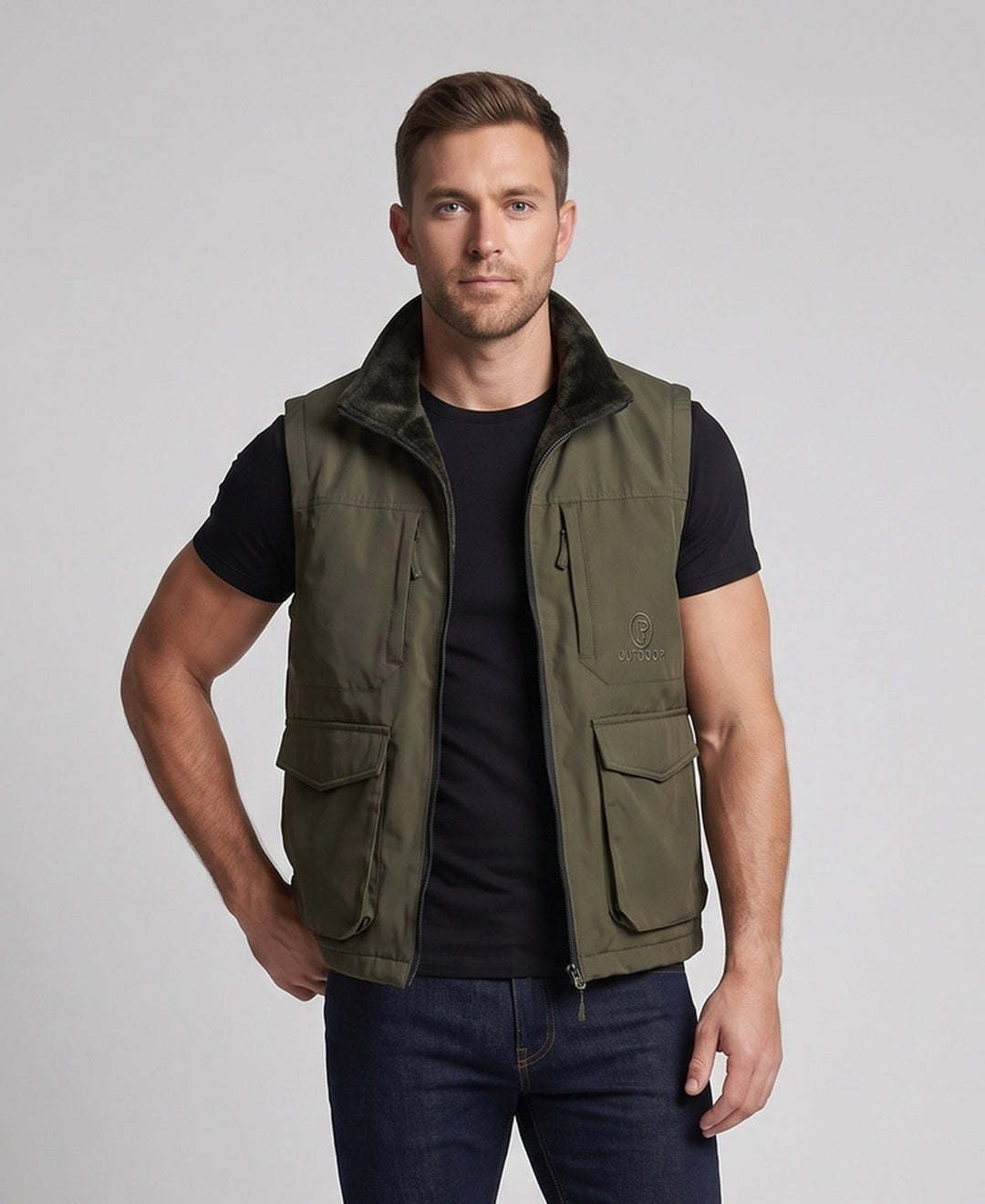 Herren Multifunktionale Outdoor-Weste mit hohem Kragen, Reißverschluss und Mehrfach-Taschen Nord Taschen