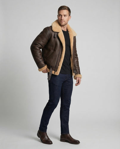 Herren Aviator-Pilotenjacke aus Kunstleder mit breitem Kragen & Reißverschluss | Nord Taschen