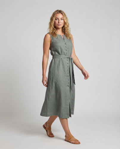 Damen Leinenmix Midikleid mit Knopfleiste
