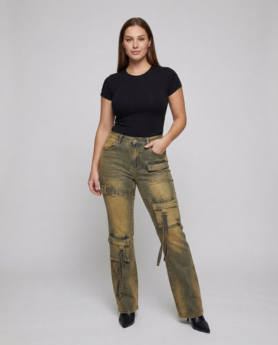 Damen Schlagjeans Cargo-Taschen Schnallen-Details