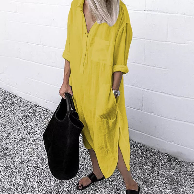 Lockeres Langes Kleid mit Langen Ärmeln und Seitentaschen Kleid