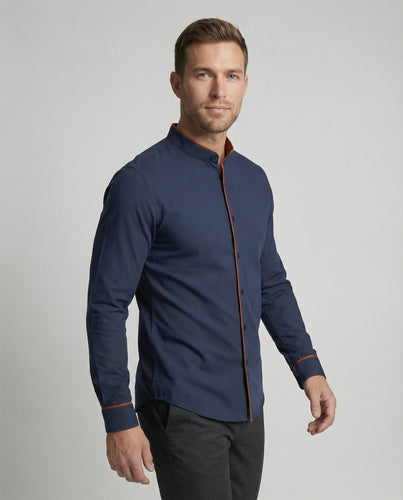 Herren elegantes Langarmhemd mit modernem Stehkragen und Kontrastnähten