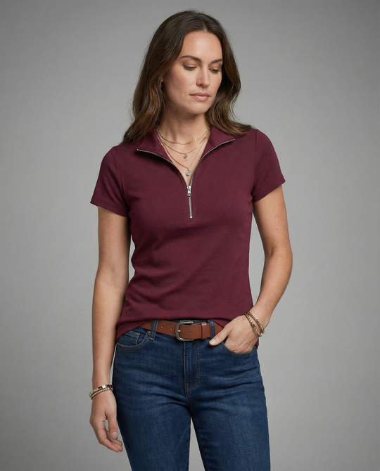 Damen Poloshirt mit kurzem Reißverschluss und figurbetontem Schnitt