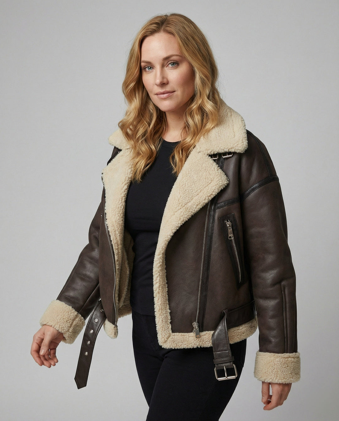 Damen Lederjacke mit Teddyfutter und Gürtel