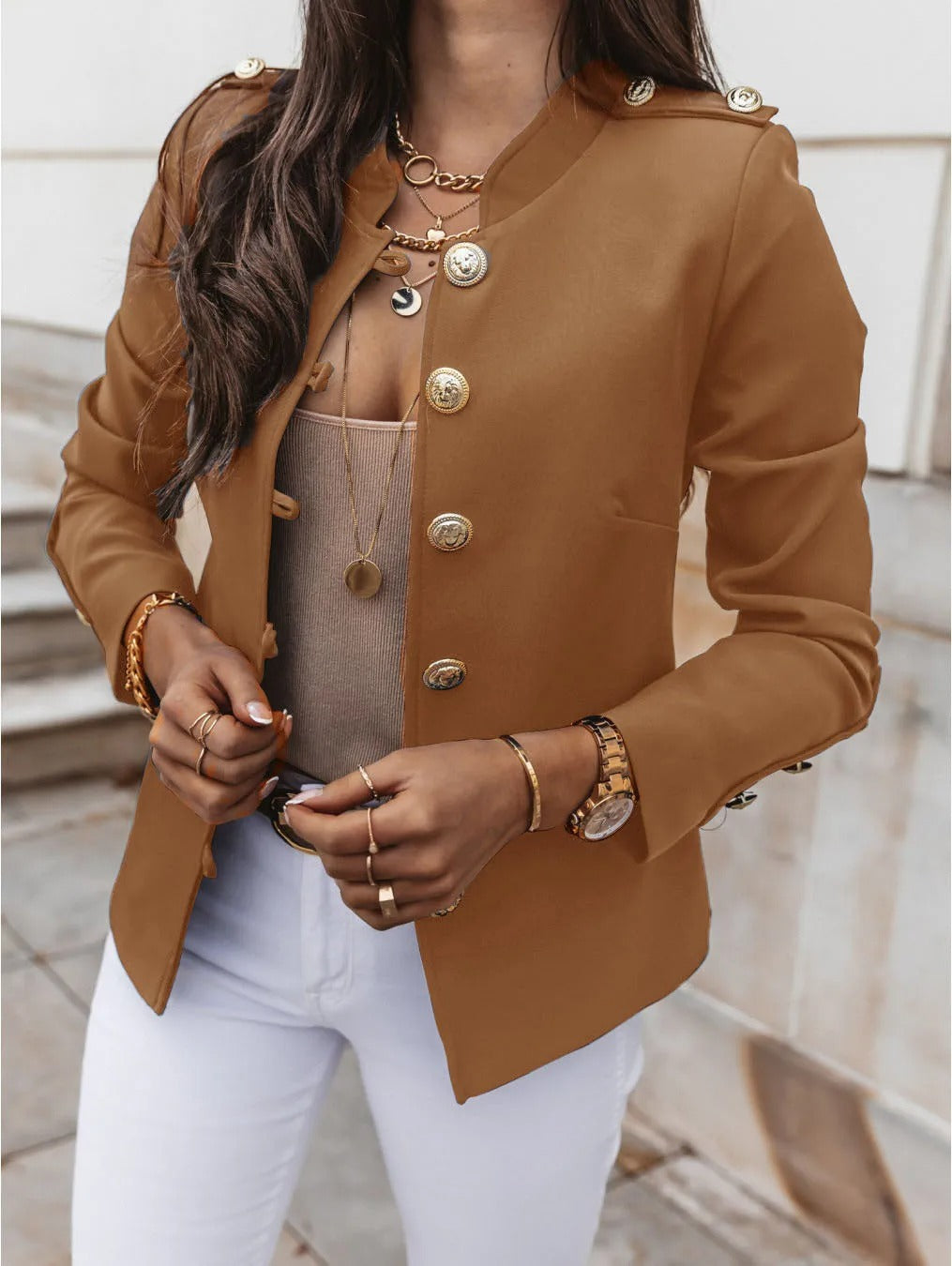 Eleganter O Ausschnitt Blazerjacke mit Langen Ärmeln