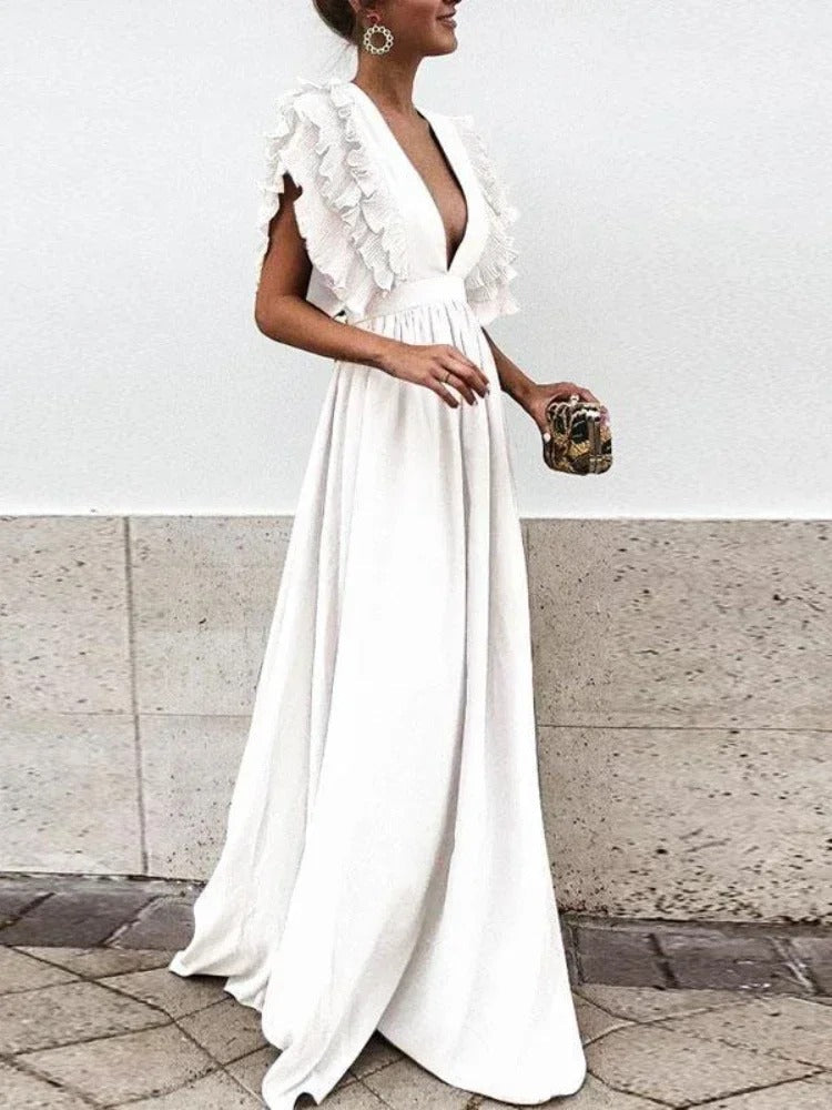 Elegantes Kleid mit V-Ausschnitt und Rüschensäumen