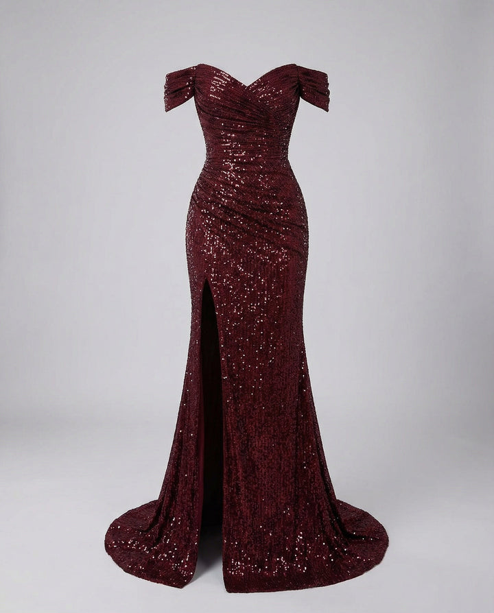 Glitzerndes Damen Abendkleid Schulterfreies Maxikleid mit Schlitz für Hochzeit & Fest | Nord Taschen