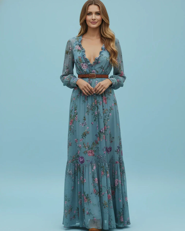 Boho Damen Maxikleid mit Niedrigem V-Ausschnitt und Langarm | Nord Taschen