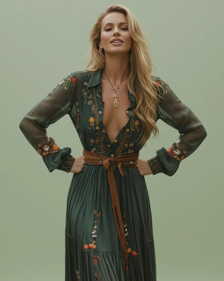 Boho Damen Maxikleid mit Niedrigem V-Ausschnitt und Langarm | Nord Taschen